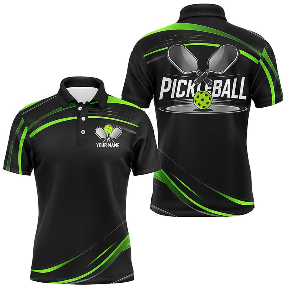 Pickleball Polo Shirts, Black And Green Custom Mens Pickleball Shirts, Personalized Pickleball Jerseys