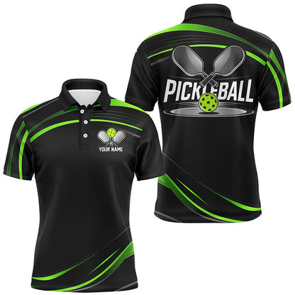 Pickleball Polo Shirts, Black And Green Custom Mens Pickleball Shirts, Personalized Pickleball Jerseys