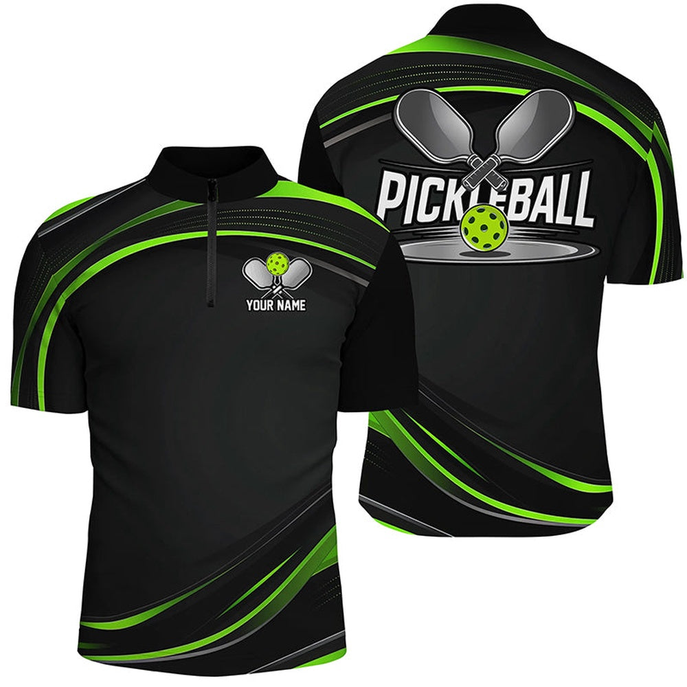 Pickleball Polo Shirts, Black And Green Custom Mens Pickleball Shirts, Personalized Pickleball Jerseys