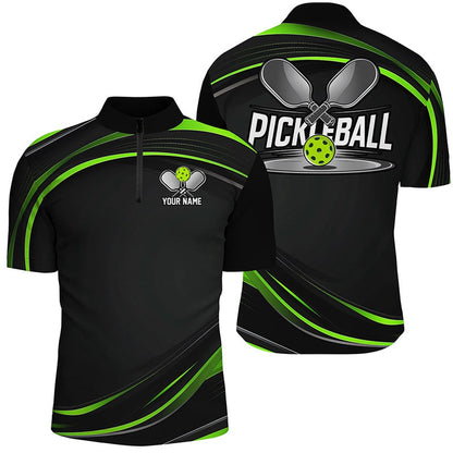 Pickleball Polo Shirts, Black And Green Custom Mens Pickleball Shirts, Personalized Pickleball Jerseys