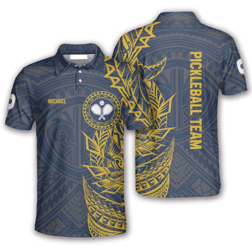 Pickleball Polo Shirts, Blue And Yellow Tribal Pickleball Polo Shirts