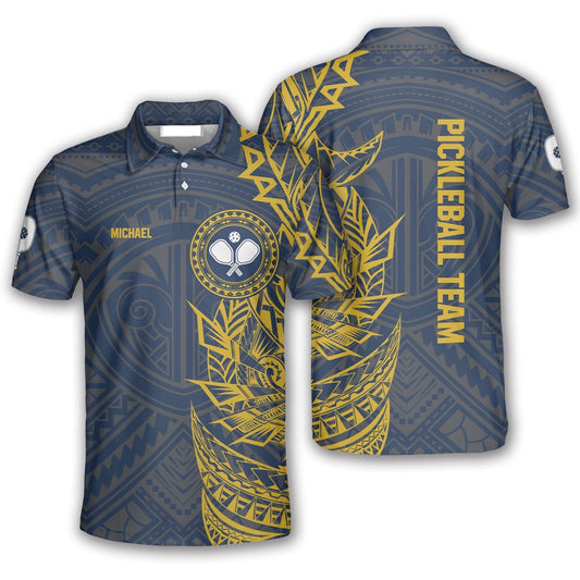 Pickleball Polo Shirts, Blue And Yellow Tribal Pickleball Polo Shirts