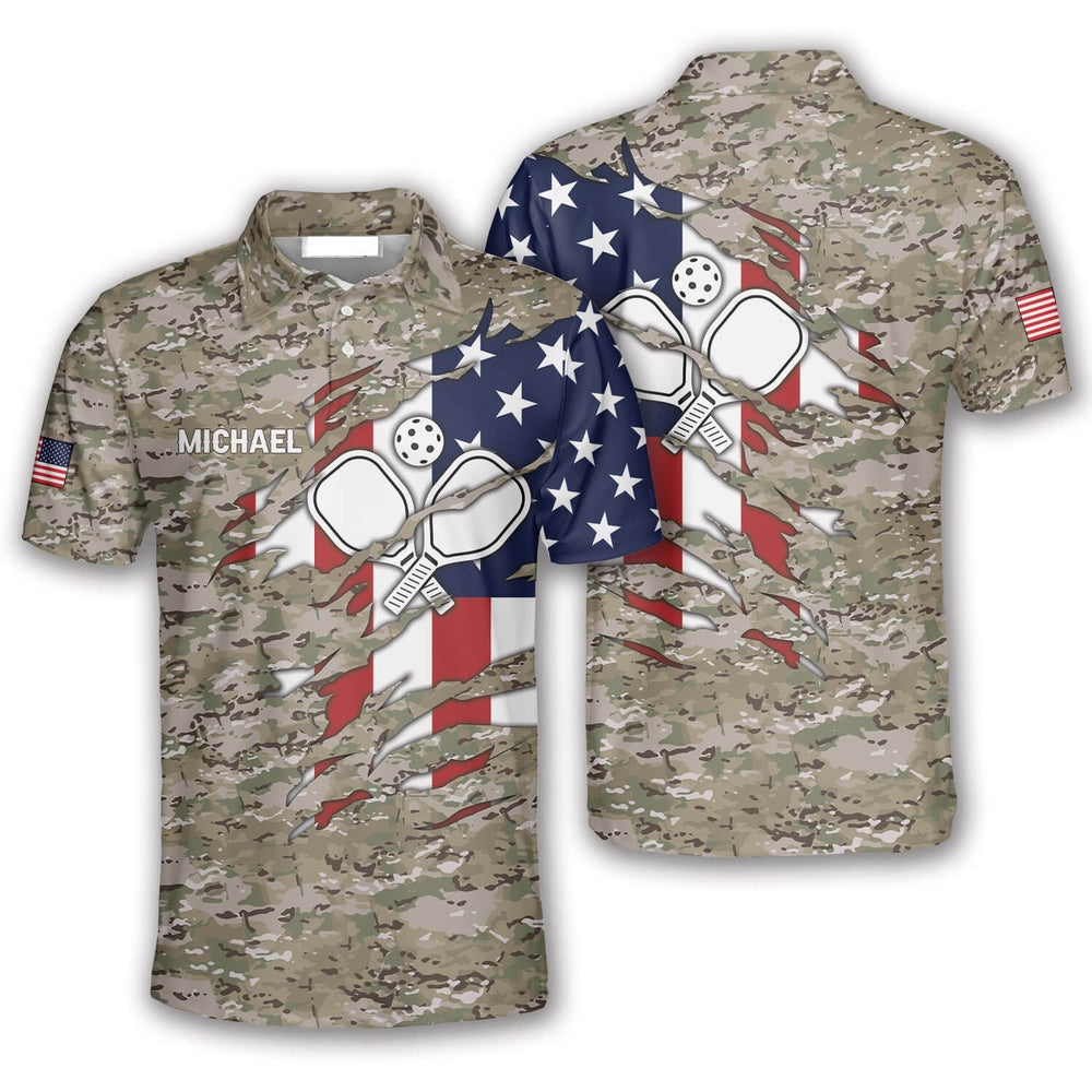Pickleball Polo Shirts, Camouflage Flag Custom Pickleball Polo Shirts