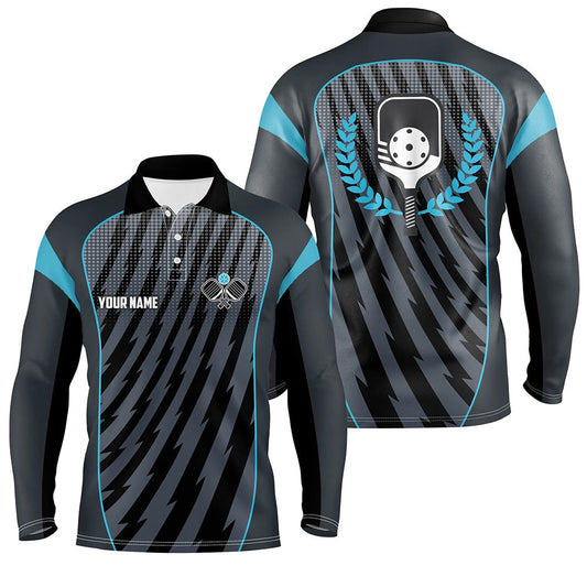 Pickleball Polo Shirts, Custom Blue Pickleball Tournament Jerseys Outdoor Pickleball Men Long Sleeve Polo Shirts