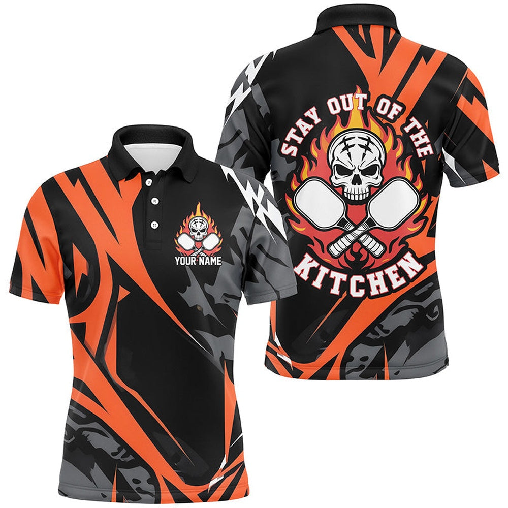 Pickleball Polo Shirts, Custom Flame Skull Pickleball Polo Shirts For Men Sayings Stay Out Of The Kitchen
