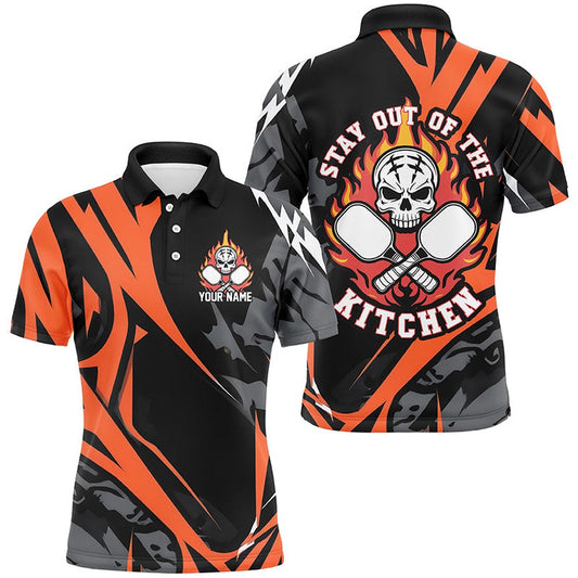 Pickleball Polo Shirts, Custom Flame Skull Pickleball Polo Shirts For Men Sayings Stay Out Of The Kitchen