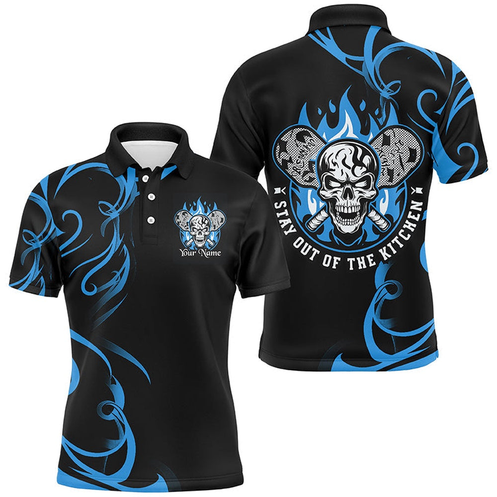 Pickleball Polo Shirts, Custom Flame Skull Pickleball Polo Shirts For Men Sayings Stay Out Of The Kitchen Blue