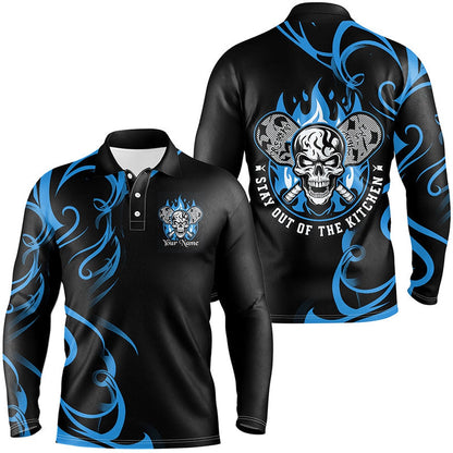 Pickleball Polo Shirts, Custom Flame Skull Pickleball Polo Shirts For Men Sayings Stay Out Of The Kitchen Blue