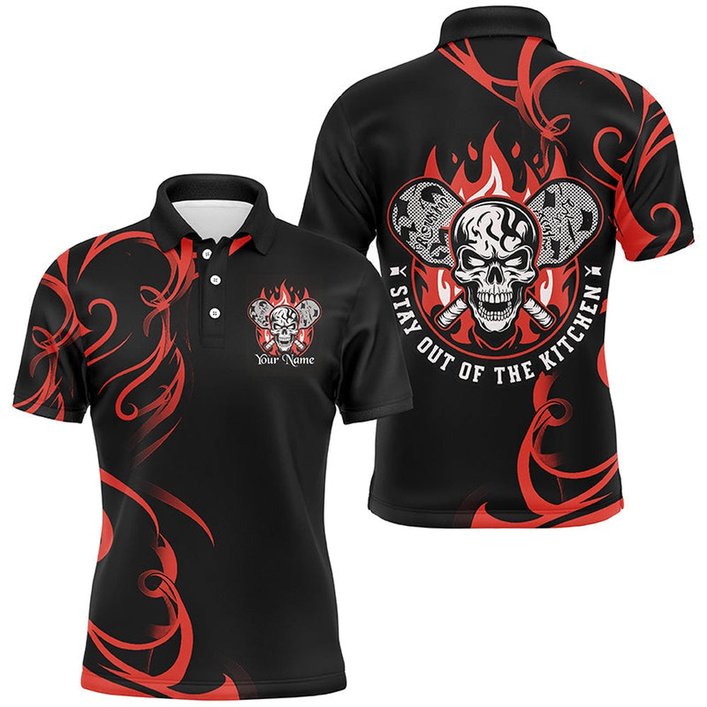 Pickleball Polo Shirts, Custom Flame Skull Pickleball Polo Shirts For Men Sayings Stay Out Of The Kitchen Red
