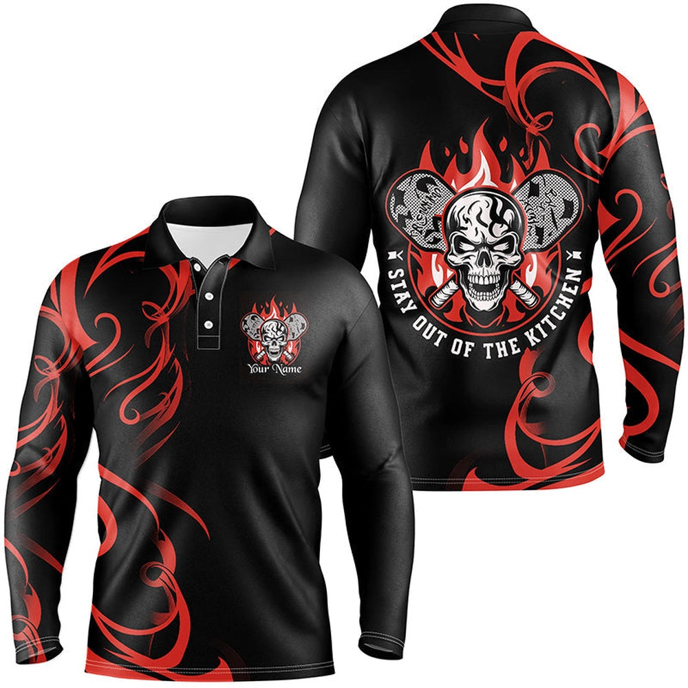 Pickleball Polo Shirts, Custom Flame Skull Pickleball Polo Shirts For Men Sayings Stay Out Of The Kitchen Red