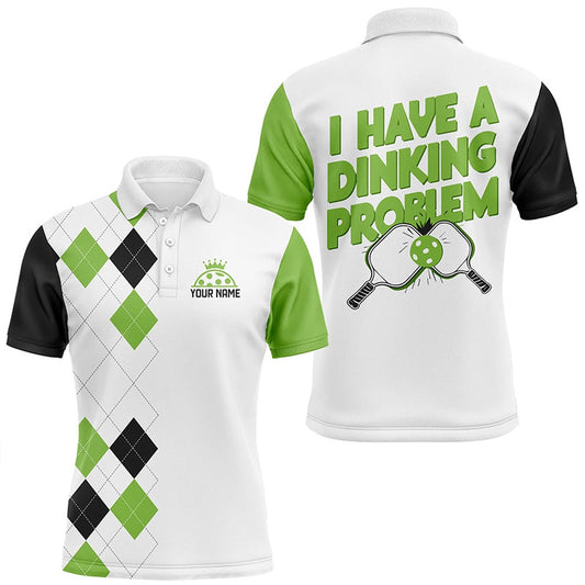 Pickleball Polo Shirts, Custom Green Argyle Pattern Funny Pickleball Shirts For Men Sayings I Have Dinking Problem