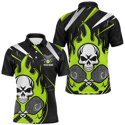 Pickleball Polo Shirts, Custom Green Flame Pickleball Shirts For Men, Skull Pickleball Jerseys For Team