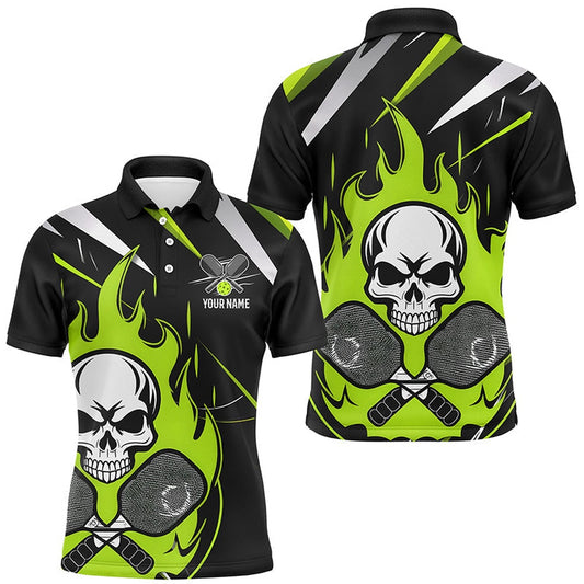 Pickleball Polo Shirts, Custom Green Flame Pickleball Shirts For Men, Skull Pickleball Jerseys For Team
