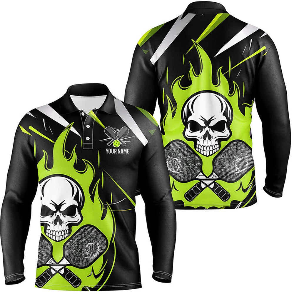 Pickleball Polo Shirts, Custom Green Flame Pickleball Shirts For Men, Skull Pickleball Jerseys For Team