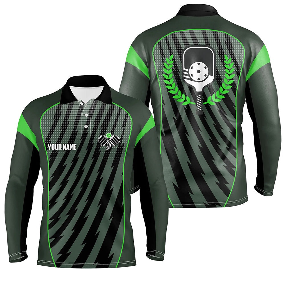 Pickleball Polo Shirts, Custom Green Pickleball Tournament Jerseys Outdoor Pickleball Men Long Sleeve Polo Shirts