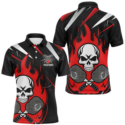 Pickleball Polo Shirts, Custom Red Flame Pickleball Shirts For Men, Skull Pickleball Jerseys For Team