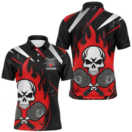 Pickleball Polo Shirts, Custom Red Flame Pickleball Shirts For Men, Skull Pickleball Jerseys For Team