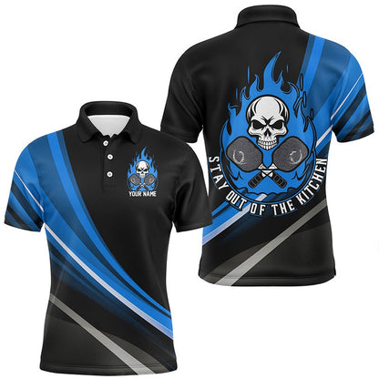 Pickleball Polo Shirts, Custom Skull Men'S Pickleball Polo Shirts, Stay Out Of The Kitchen Pickleball Attire Blue
