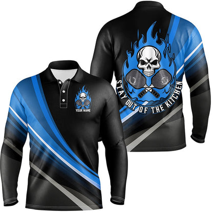 Pickleball Polo Shirts, Custom Skull Men'S Pickleball Polo Shirts, Stay Out Of The Kitchen Pickleball Attire Blue