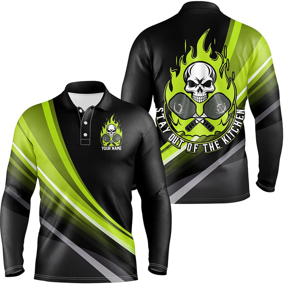 Pickleball Polo Shirts, Custom Skull Men'S Pickleball Polo Shirts, Stay Out Of The Kitchen Pickleball Attire Green