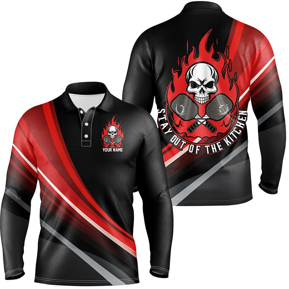 Pickleball Polo Shirts, Custom Skull Men'S Pickleball Polo Shirts, Stay Out Of The Kitchen Pickleball Attire Red