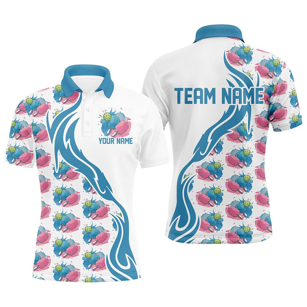 Pickleball Polo Shirts, Custom Watercolor Pickleball Shirts For Men, Blue And Pink Pickleball Outfit For Team