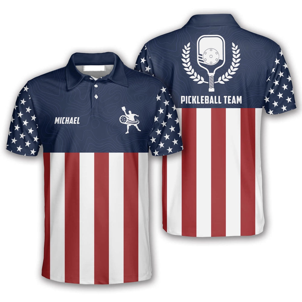Pickleball Polo Shirts, Emblem American Flag Navy Custom Pickleball Polo Shirts