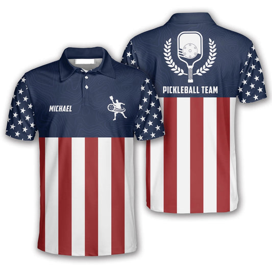 Pickleball Polo Shirts, Emblem American Flag Navy Custom Pickleball Polo Shirts