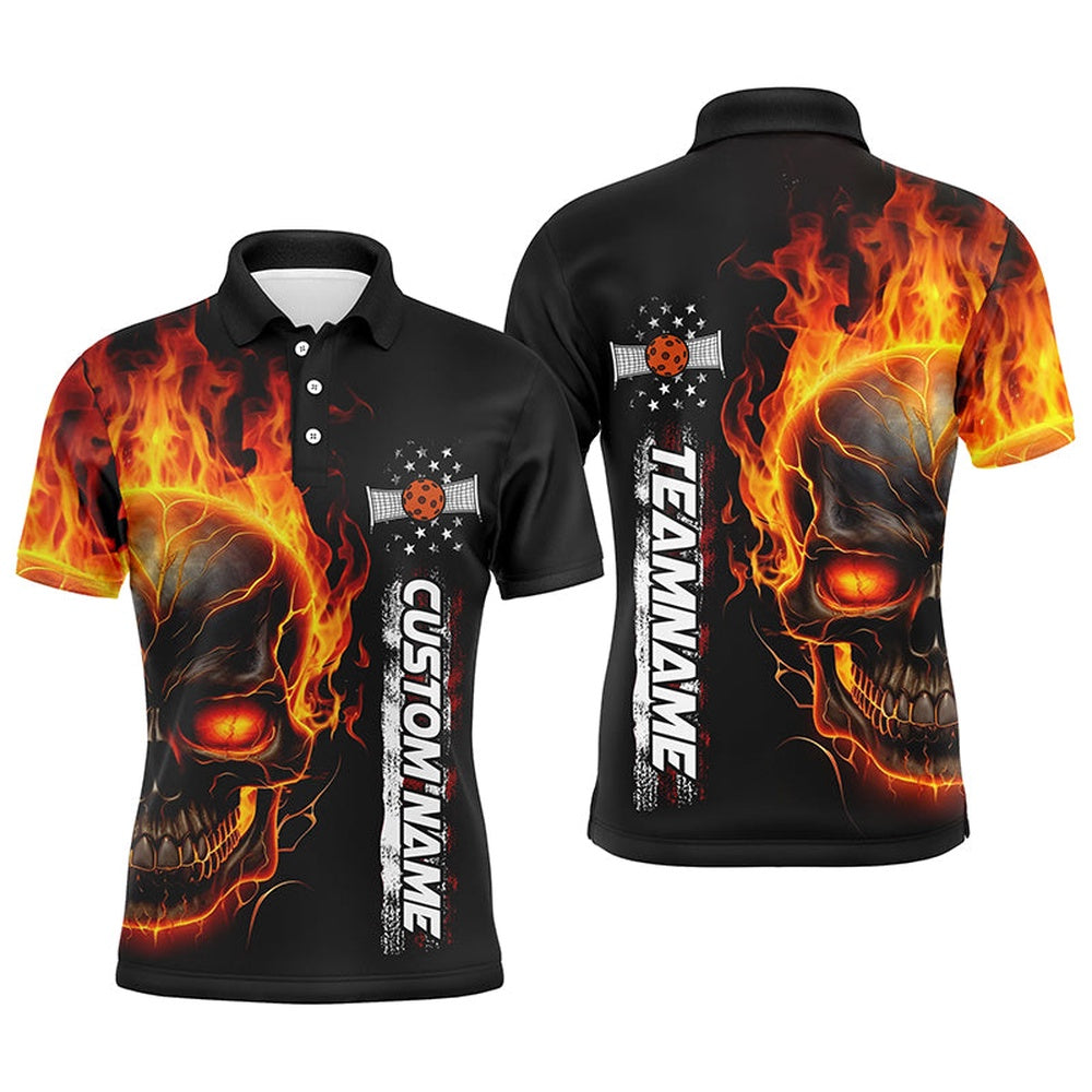 Pickleball Polo Shirts, Flame Skull American Flag Custom Team Pickleball Shirts For Men, Patriotic Pickleball Jerseys