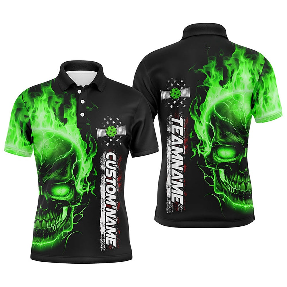 Pickleball Polo Shirts, Flame Skull Green American Flag Custom Team Pickleball Shirts For Men, Patriotic Pickleball Jerseys