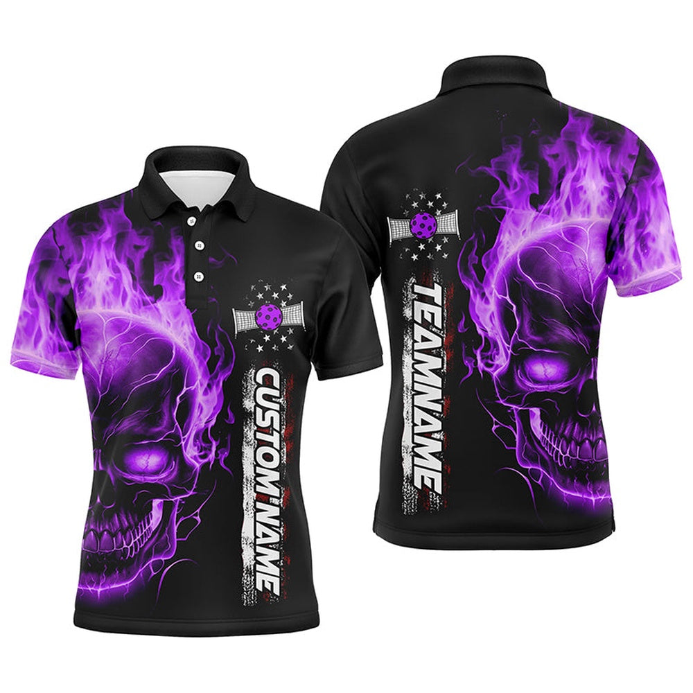 Pickleball Polo Shirts, Flame Skull Purple American Flag Custom Team Pickleball Shirts For Men, Patriotic Pickleball Jerseys