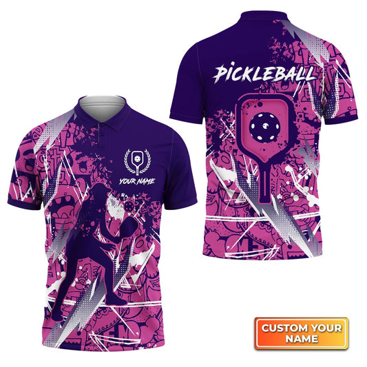 Pickleball Polo Shirts, Pickleball - Scritch Woman Purple Pink Pattern Personalized Name 3D Polo Shirt
