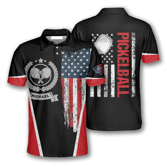 Pickleball Polo Shirts, Pickleball Emblem American Flag Custom Pickleball Polo Shirts