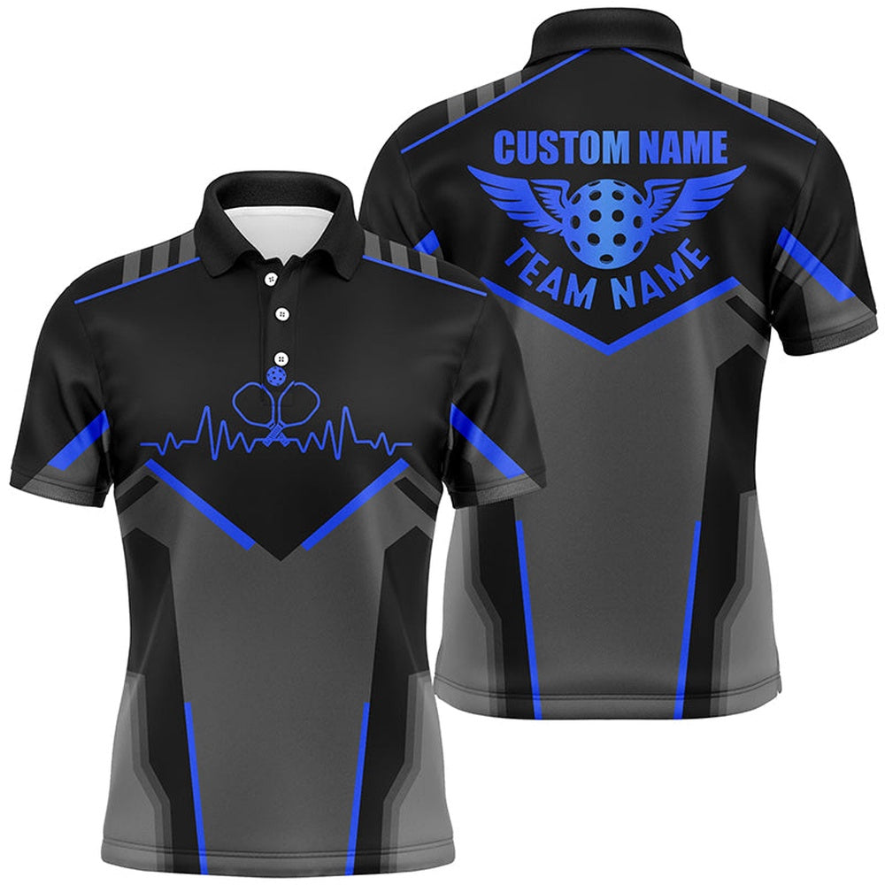 Pickleball Polo Shirts, Pickleball Heartbeat Pulse Custom Pickleball Shirts For Men, Pickleball Team Polo Shirt Blue