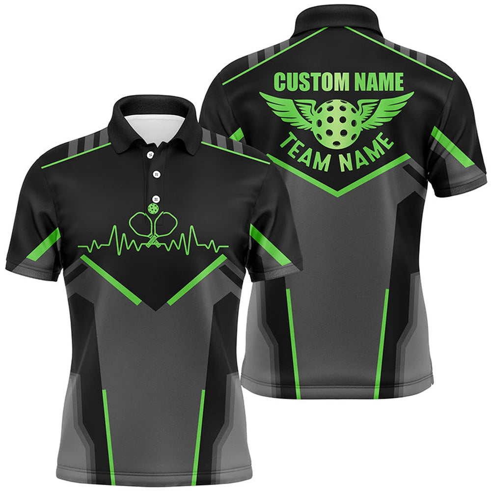 Pickleball Polo Shirts, Pickleball Heartbeat Pulse Custom Pickleball Shirts For Men, Pickleball Team Polo Shirt Green