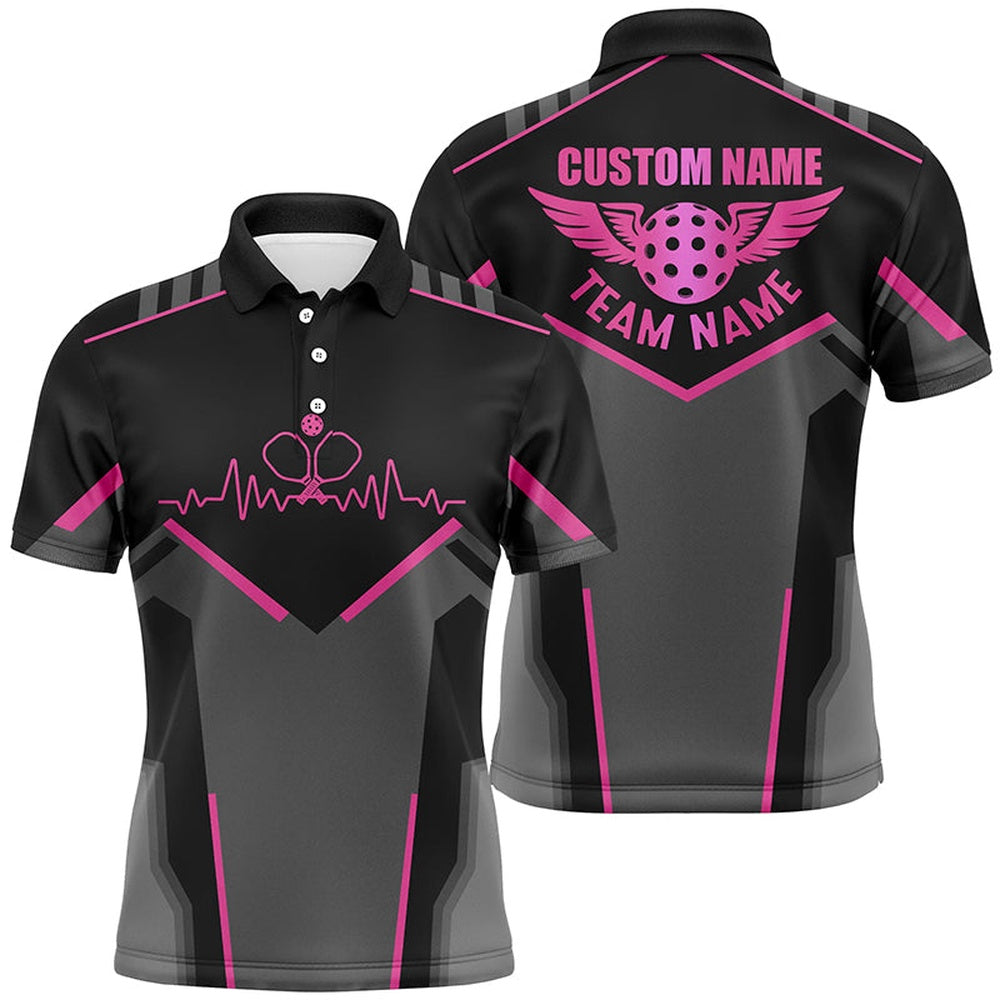 Pickleball Polo Shirts, Pickleball Heartbeat Pulse Custom Pickleball Shirts For Men, Pickleball Team Polo Shirt Pink