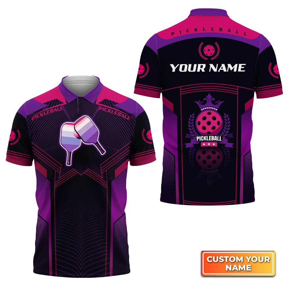 Pickleball Polo Shirts, Pickleball Paddles Purple Pattern Personalized Name 3D Polo Shirt