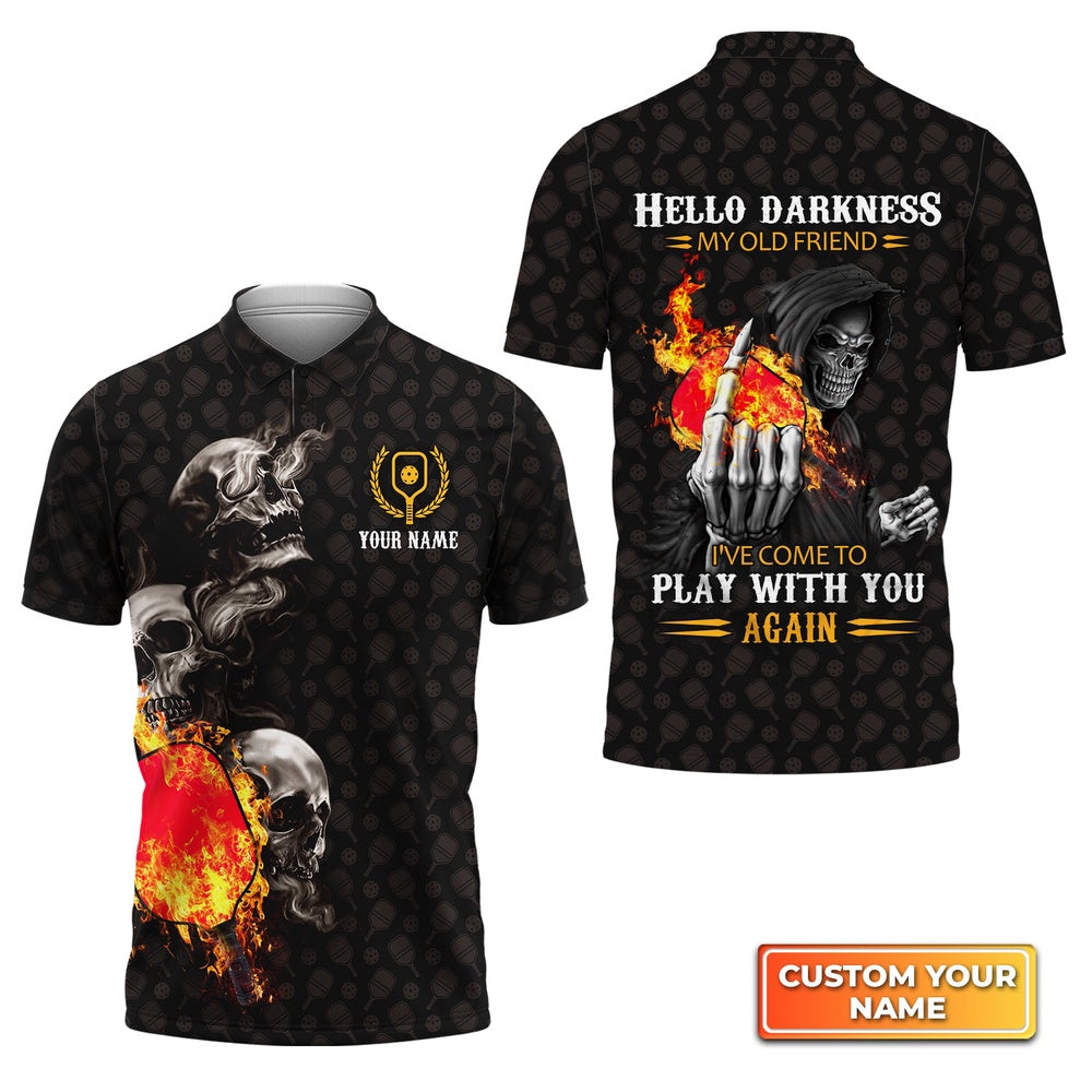 Pickleball Polo Shirts, Pickleball Skull Hello Darkness My Old Friend Personalized Name 3D Polo Shirt