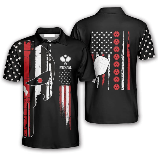 Pickleball Polo Shirts, Punisher Skull American Flag Custom Pickleball Polo Shirts