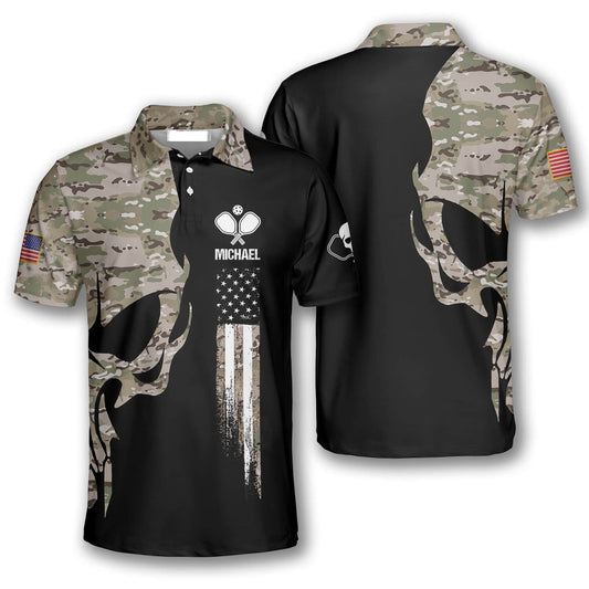 Pickleball Polo Shirts, Skull Camouflage American Flag Custom Pickleball Polo Shirts