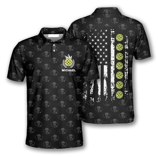 Pickleball Polo Shirts, Skull Pattern American Flag Custom Pickleball Polo Shirts