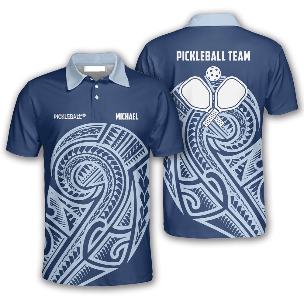 Pickleball Polo Shirts, Sporty Blue Tribal Pickleball Polo Shirts