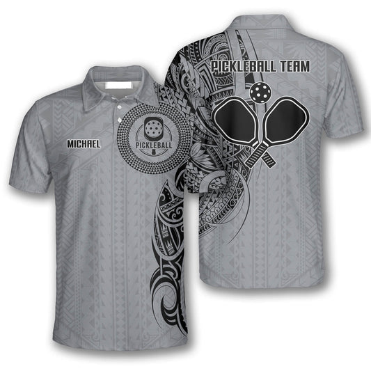 Pickleball Polo Shirts, Strike Grey Tribal Tattoo Custom Pickleball Polo Shirts