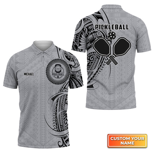 Pickleball Polo Shirts, Strike Grey Tribal Tattoo Personalized Name 3D Polo Shirt