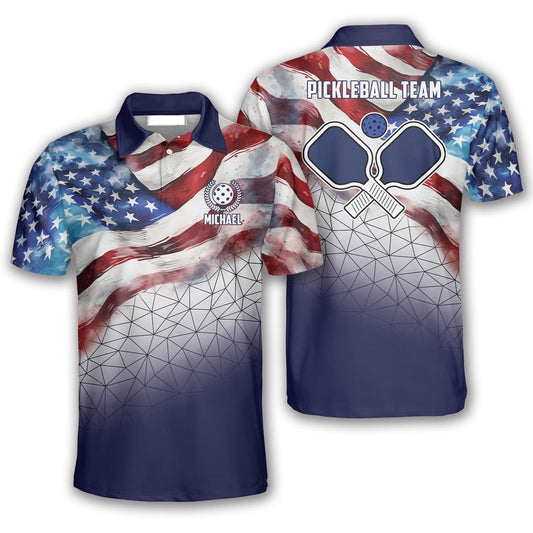 Pickleball Polo Shirts, US Flag Patriotic Pickleball Polo Shirts