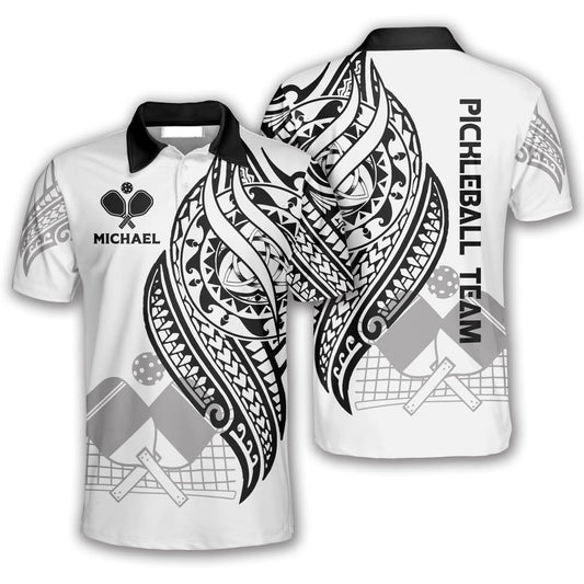 Pickleball Polo Shirts, White Tribal Pickleball Polo Shirts