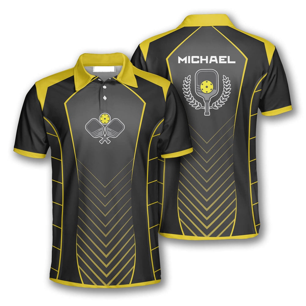 Pickleball Polo Shirts, Yellow Black Sports Style Emblem Custom Pickleball Polo Shirts