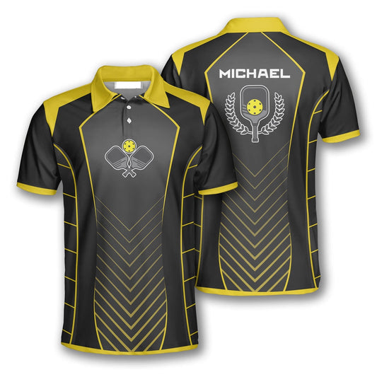Pickleball Polo Shirts, Yellow Black Sports Style Emblem Custom Pickleball Polo Shirts