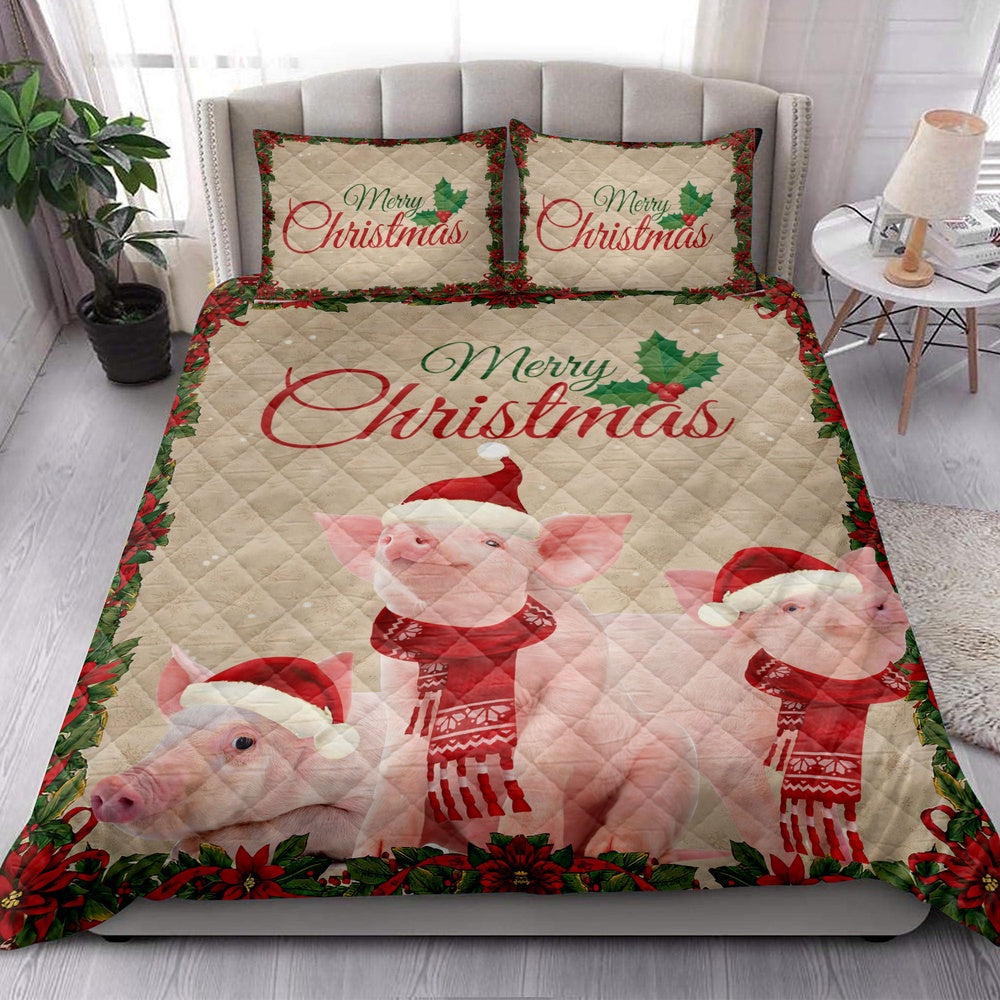 Pig Quilt Set, Merrymas Pig With Santa Hat Pig Quilt Blanket