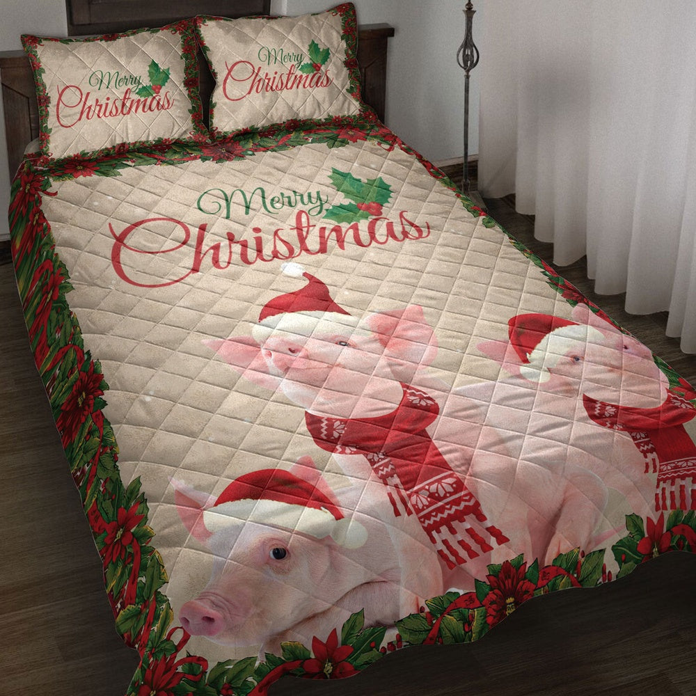 Pig Quilt Set, Merrymas Pig With Santa Hat Pig Quilt Blanket